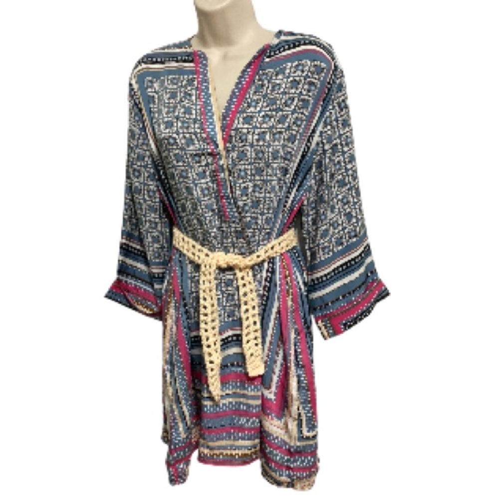 BEULAH Delilah Geometric Square 3/4 Sleeve Shirt Dress with Pockets Large